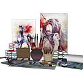 Professional Painting Art Supplies Set With Artworks Brushes Jars Easel And Canvas Rolls