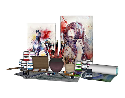 Professional Painting Art Supplies Set With Artworks Brushes Jars Easel And Canvas Rolls 3d model