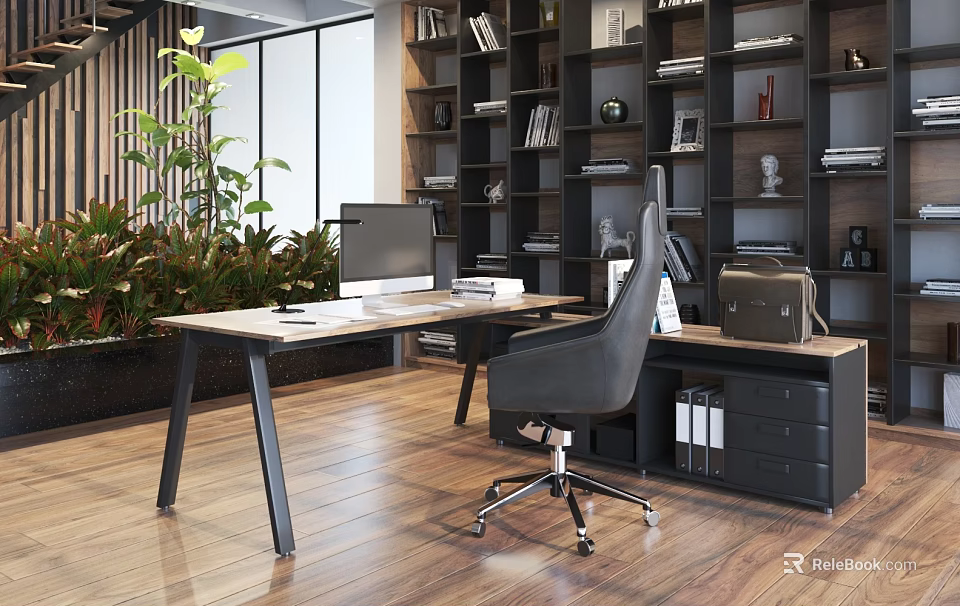 Modern Office Interior With Wooden Desk Computer Black Chair Bookshelves And Green Plants 3d model 