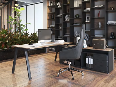 Modern Office Interior With Wooden Desk Computer Black Chair Bookshelves And Green Plants 3d model