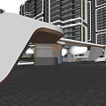 Modern Entrance Gate With Curved White Structure And Wooden Accents Near High Rise Buildings