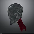 Detailed Silver Decorative Helmet Featuring Ornate Patterns And Red Ribbon