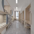 School Dormitory Interior With Wooden Bunk Beds And Curtain Partitions