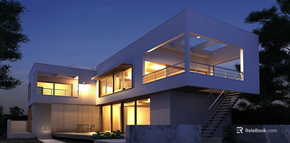 Modern Detached Villa Exterior With Evening Lighting Large Windows Balcony And Staircase 3d model 