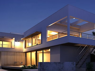 Modern Detached Villa Exterior With Evening Lighting Large Windows Balcony And Staircase 3d model