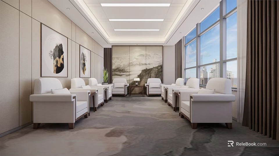 Elegant Hotel Public Lounge Area With White Sofas Large Windows And Landscape Paintings 3d model