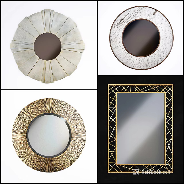 Various Decorative Mirrors With Round Geometric Frames And Metallic Textured Borders 3d model