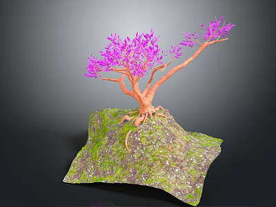 3D Model of Tree with Purple Leaves and Orange Trunk on Rock with Green Moss 3d model