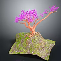 3D Model of Tree with Purple Leaves and Orange Trunk on Rock with Green Moss