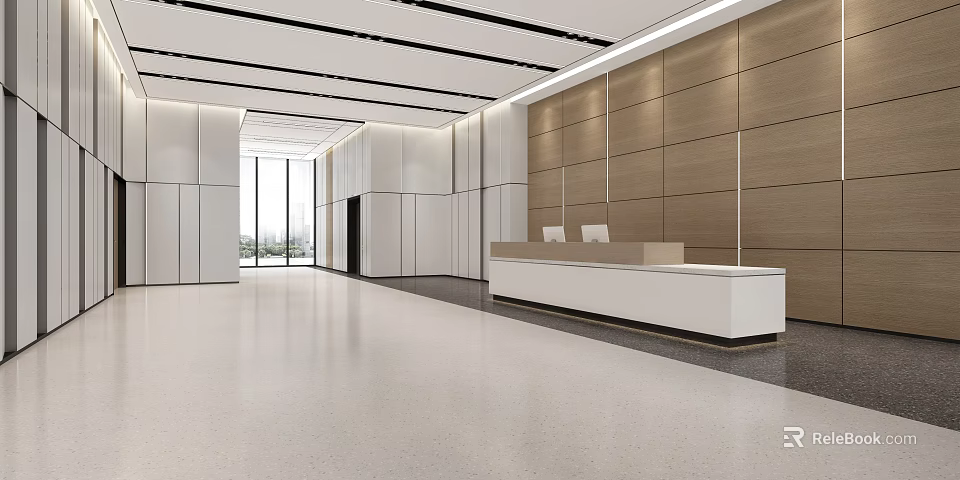 Modern Bright Spacious Reception Area With Wooden Wall White Desk And Floor to Ceiling Windows 3d model 