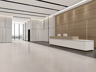 Modern Bright Spacious Reception Area With Wooden Wall White Desk And Floor to Ceiling Windows 3d model