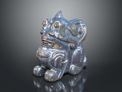 Intricate Carved Mythical Beast Sculpture In Traditional Style With Metallic Shine And Curved Details 3d model