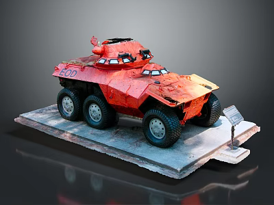 Red Armored Military Vehicle Model With Six Wheels Number 210 On Display Stand 3d model