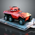 Red Armored Military Vehicle Model With Six Wheels Number 210 On Display Stand