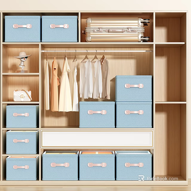 Organized Modern Wardrobe With Hanging Clothes Blue Storage Boxes And Drawer 3d model 