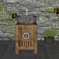 Rustic Stone Washbasin On Wooden Stand With Green Plants And Stone Wall