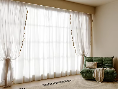 Sheer White Curtains With Pleated Design In Living Room With Green Sofa And Natural Light 3d model
