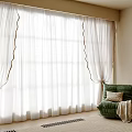 Sheer White Curtains With Pleated Design In Living Room With Green Sofa And Natural Light