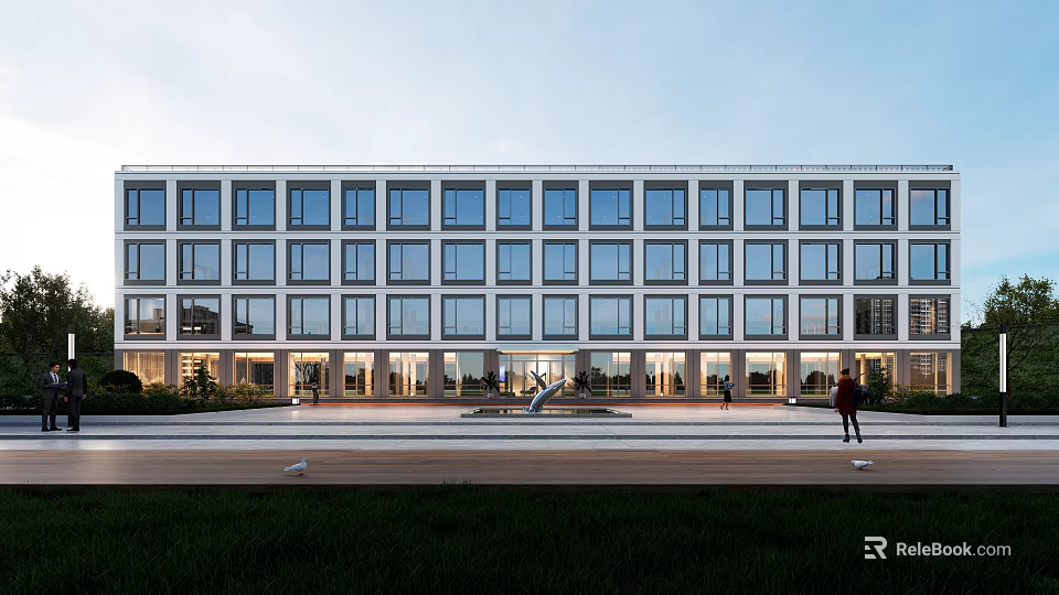 Modern Office Building With Glass Windows Front Plaza And People Walking 3d model 