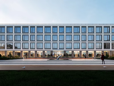Modern Office Building With Glass Windows Front Plaza And People Walking 3d model
