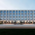 Modern Office Building With Glass Windows Front Plaza And People Walking