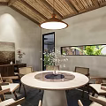 Outdoor Restaurant Patio With Wooden Tables Benches Greenery Trees Clay Pots White Building Lantern Lights