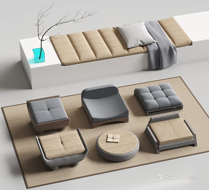 Set of Modern Stools With Cushioned Seats Gray And Beige On Woven Rug 3d model 