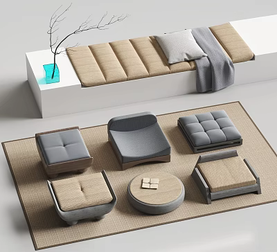 Set of Modern Stools With Cushioned Seats Gray And Beige On Woven Rug 3d model
