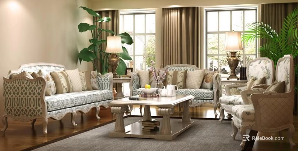 Elegant Living Room Sofa and Coffee Table Set with Decorative Pillows Lamps and Green Plant 3d model 