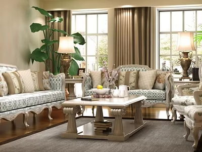 Elegant Living Room Sofa and Coffee Table Set with Decorative Pillows Lamps and Green Plant 3d model
