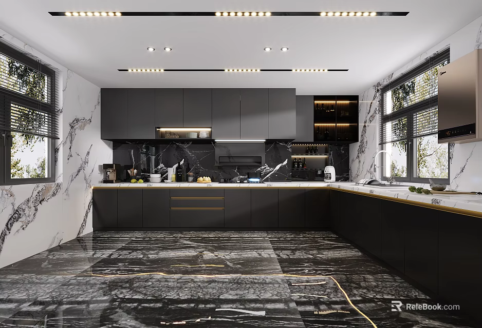 Modern Kitchen Interior With Black Cabinets Marble Countertops Large Windows And Flooring 3d model 