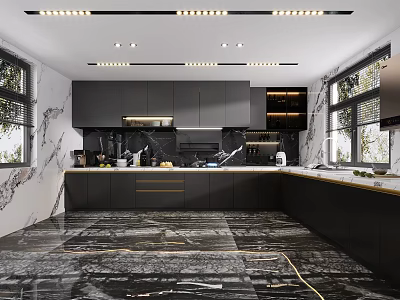 Modern Kitchen Interior With Black Cabinets Marble Countertops Large Windows And Flooring 3d model