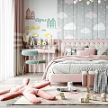Cute Kids Room Interior With Pink Bed Cloud Wallpaper Chandelier And Toys