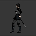 Warrior Woman In Dark Armor Standing With Sword And Mythical Creature