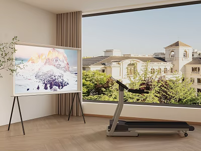 Indoor Treadmill for Home Fitness in Modern Room With Large Screen and Scenic View 3d model