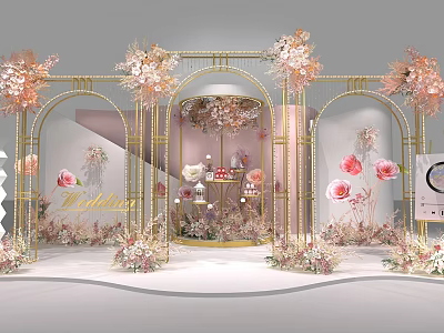 Elegant Romantic Event Decor With Golden Arch Frames Pink White Flowers And Dessert Display Stand 3d model