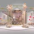 Elegant Romantic Event Decor With Golden Arch Frames Pink White Flowers And Dessert Display Stand