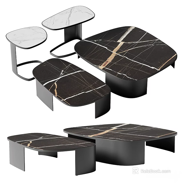 Elegant Modern Tea Table And Chairs With Black Frame And Marble Top Design 3d model 