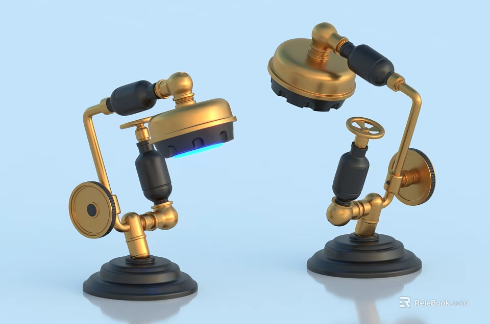 Vintage Industrial Golden Table Lamps With Adjustable Arms Black Base And Blue Light 3d model 