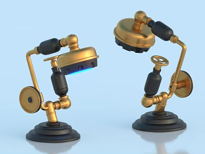 Vintage Industrial Golden Table Lamps With Adjustable Arms Black Base And Blue Light 3d model