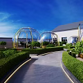 Rooftop Restaurant With Glass Dome Greenhouse Outdoor Seating And Lush Greenery Under Blue Sky