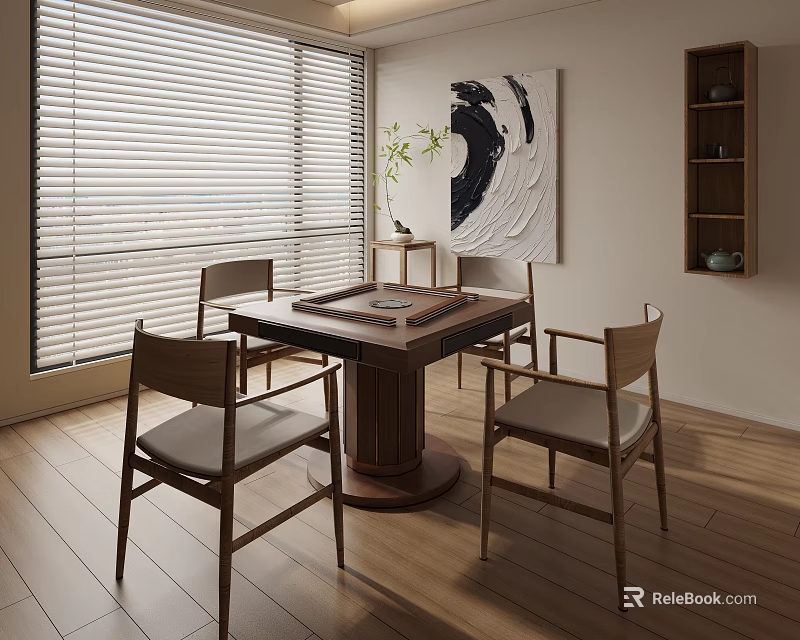 Wooden Entertainment Table With Chairs In Living Room With Decorative Painting And Window Blinds 3d model 
