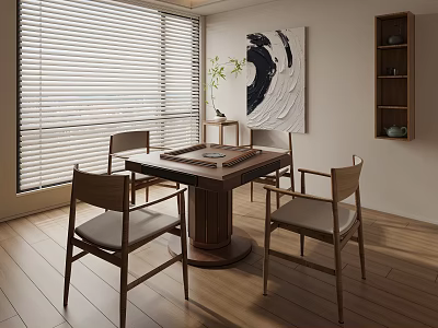 Wooden Entertainment Table With Chairs In Living Room With Decorative Painting And Window Blinds 3d model