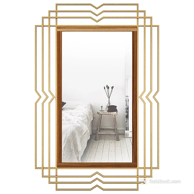 Gold Frame Mirror Reflecting Bedroom Scene With White Bed Wooden Table and Vase 3d model 