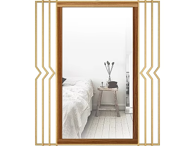 Gold Frame Mirror Reflecting Bedroom Scene With White Bed Wooden Table and Vase 3d model