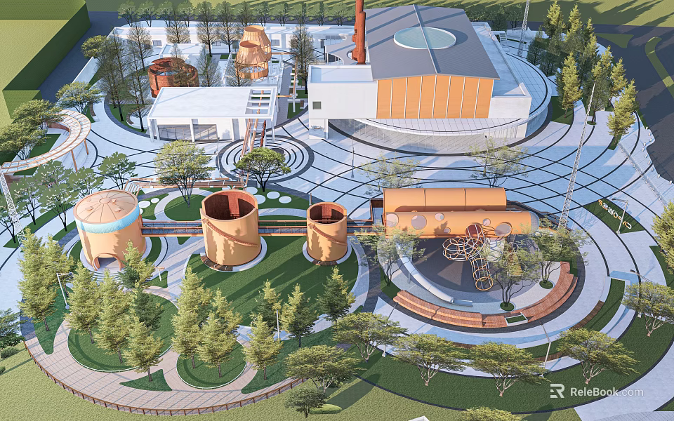 Park Landscape Design With Circular Layout Green Lawns Trees Winding Paths And Circular Structures 3d model 
