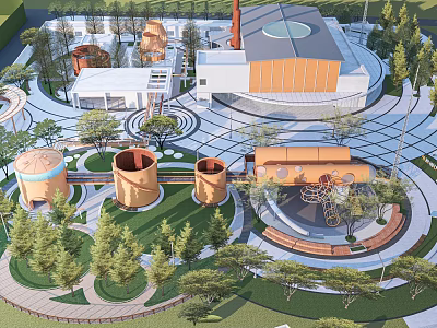 Park Landscape Design With Circular Layout Green Lawns Trees Winding Paths And Circular Structures 3d model