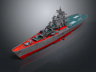 Realistic Warship 3D Model Featuring Gray Hull Red Bottom And Deck Structures 3d model