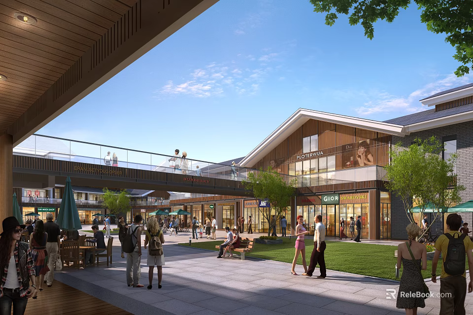 Bustling Commercial Street with Modern Architecture Green Trees Shops and Visitors Enjoying Leisure Time 3d model 