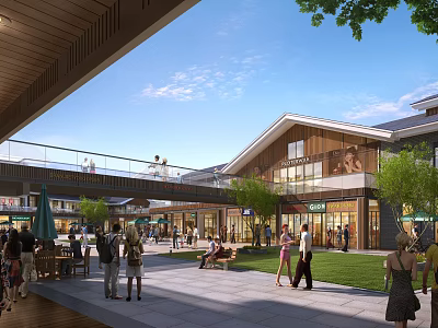Bustling Commercial Street with Modern Architecture Green Trees Shops and Visitors Enjoying Leisure Time 3d model
